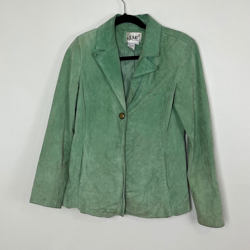 Vintage Boho Suede Leather Jacket Womens Small Green Single‎ Button Blazer